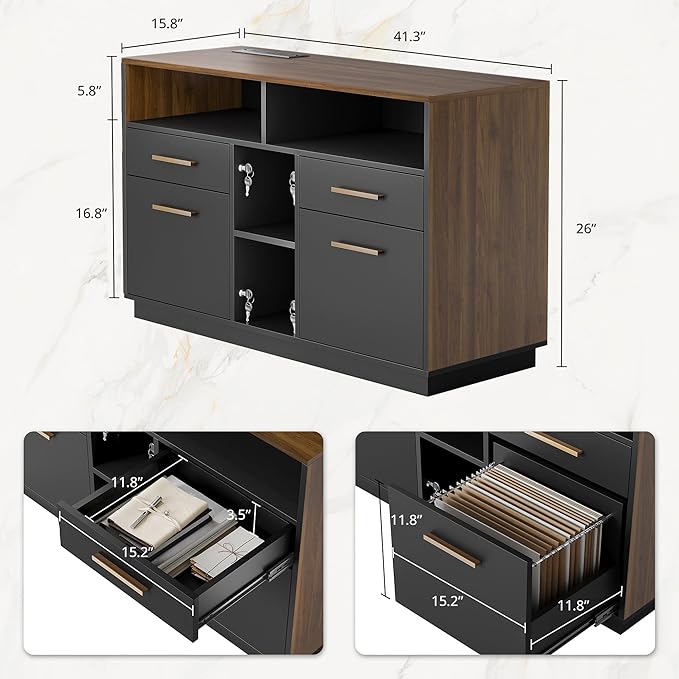 ModernMate 4 Drawer File Cabinet, Wood Filing Cabinet for Home Office with Lock, Power Strip, Storage Shelves, Home Office Lateral File Storage Fits Legal/Letter Size, Black Walnut