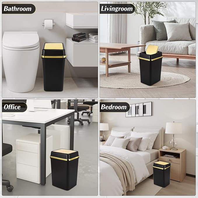 3 Pack Bathroom Trash Can with Lid 4 Gallon Small Trash Can Black Bathroom Trash Can with 225 Counts Trash Bags for Kitchen Bedroom Office
