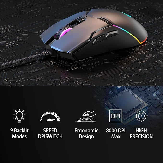 Wired Ergonomic Mouse,Gaming Mouse All Keys are editable, 12 Backlit Modes,8000 DPI Wired Optical Mouse,Software Supports DIY Keybinds Button for Gamer Bigger and Office