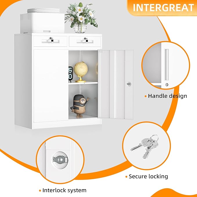 INTERGREAT Metal Storage Cabinet with Drawers, 42”H Lockable Office Storage Cabinets with 2 Doors and Adjustable Shelves, White Steel File Cabinet for Home Office, Garage, School, Apartment(White)