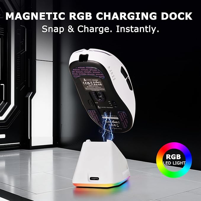 AJ159P MC Wireless Gaming Mouse, 12000 DPI, Tri-Mode 2.4G/Bluetooth/Wired, Magnetic RGB Charging Dock, 56g Ultra-Light, Programmable 6 Buttons - Perfect for Gaming, Work & Travel (White)
