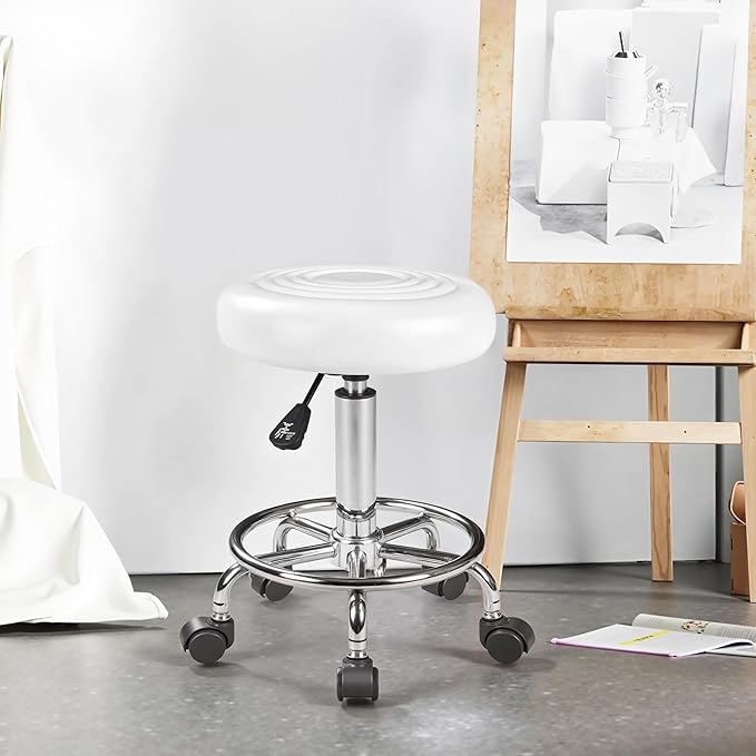 VECELO Home Office Desk Chair with Wheels | PU Leather Rolling Office Chair for Drafting, Salon, Spa(White)