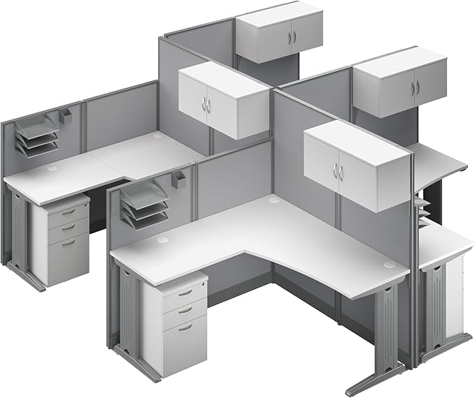 Bush Business Furniture Office in an Hour 4 Person L Shaped Cubicle Desks with Storage, Drawers, and Organizers in Pure White