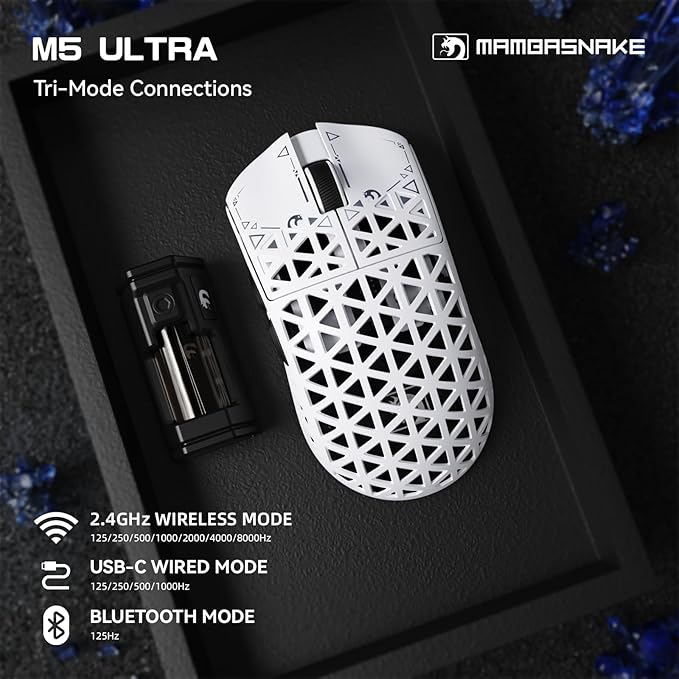 MAMBASNAKE M5 Ultra Carbon Fiber 8000Hz Wireless Gaming Mouse, 39g Superlight, 42000DPI, PAW3950MAX Sensor, Nordic 52840 Chip, Bluetooth/2.4G/USB-C Wired Mice wih Coiled Cable for PC/Mac (White)