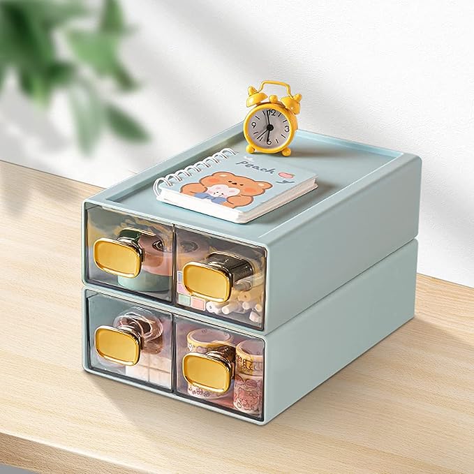 2PACK Stackable Storage Drawers for Desk 6.5"x9"x3" Small Storage Organizer Plastic Desk Organizer with Drawer Desktop Storage Box for Cosmetic, Pencil, Jewelry, Lipsticks (Blue,M-2 Drawer)