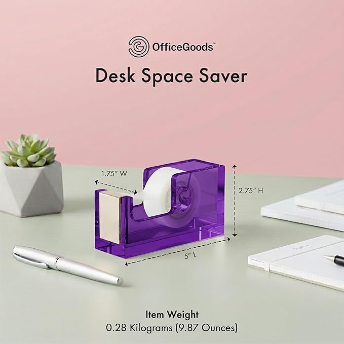 OfficeGoods Acrylic Tape Dispenser – Modern Desk Organizer for Office Supplies, Heavy Duty Refillable Tape Holder for Home and School Crafting, Stylish Desktop Accessory for Gift Wrapping, Purple