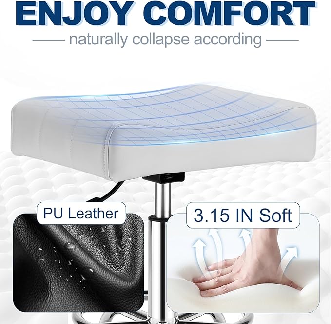 Square Salon Rolling Stool - 300lbs Weight Capacity，Adjustable Swivel Stool with Wheel，Pu Leahter Comfortable Cutting Stools for Salon Tattoo Stylist Massage Perfect for Work SPA (White)