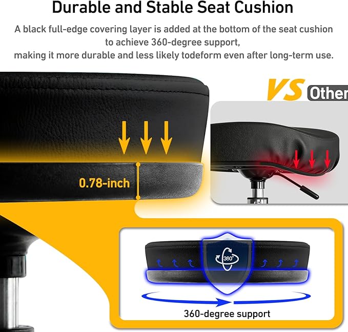 Heavy Duty Round Rolling Stool 500lb, PU Leather 360-degree Support Full-Edge Cover Layer Drafting Chair with Wheels, Height Adjustable Swivel Stool with Footrest, 5-min Easy Assembly (Black)