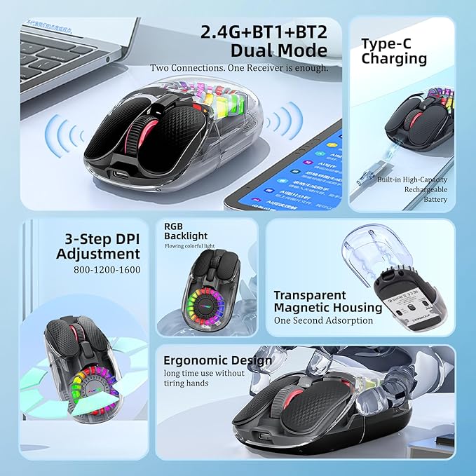 Wireless Bluetooth Mouse, Transparent BT+2.4G Dual-Mode Gaming Mouse with Magnetic Top Cover, Rechargeable RGB Backlit Computer Mouse for Laptop, PC, MacBook, iPad (Black)