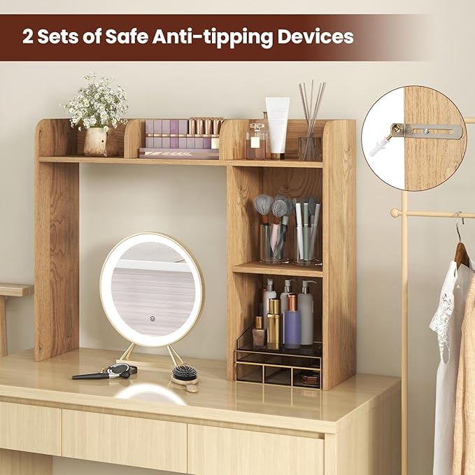 Desktop Bookshelf, 3-Tier Desk Hutch Shelf with 5 Display Rack for Computer Desk, Desk Organizer Shelves for Top of Desk, Dorm, Home, Office (Natural)