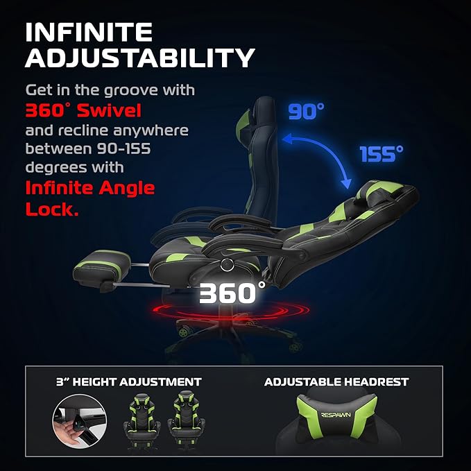 Respawn 110 Pro Ergonomic Gaming Chair with Footrest for Adults - Comfortable Office Gaming Recliner with Lumbar Support and Headrest, Racing Style Video Game Chairs for Computer Gamer - Green