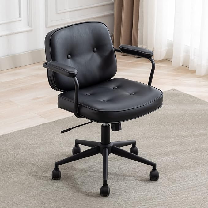 HEAH-YO Modern Armless Desk Chairs Set of 1, Swivel Computer Task Chair with Wheels and Armrests, PU Leather Adjustable Office Chair with Backrest for Home Base, Black