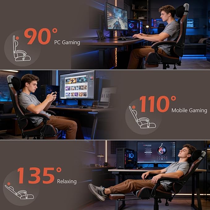 Ergonomic Gaming Chair for Adults with Footrest - PU Leather Computer Gamer Chair with Memory Foam Headrest & Lumbar Pillow, Reclining Silla Gamer Video Game Chair for Home Office, Black & Grey