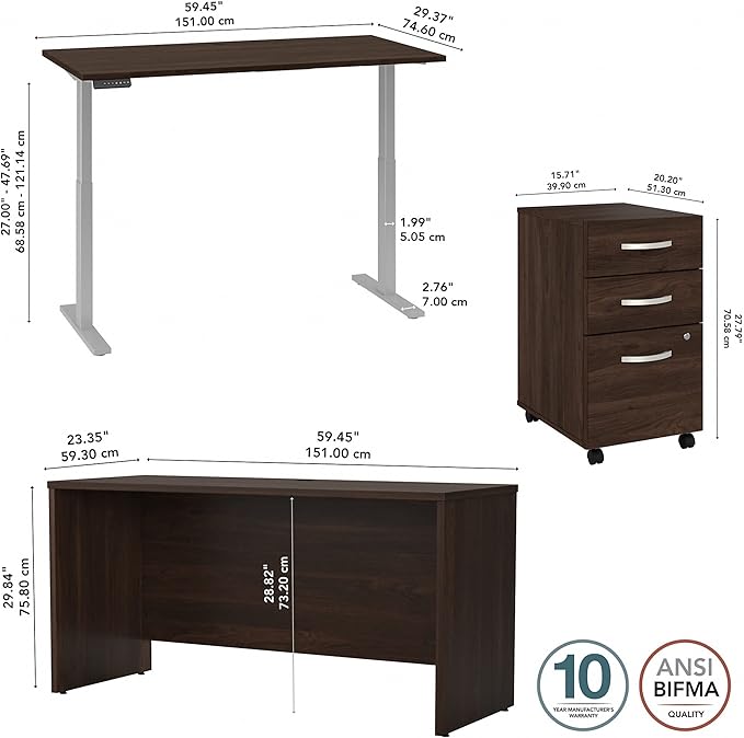 Bush Business Furniture Studio C 60W x 30D Height Adjustable Standing Desk, Credenza and Mobile File Cabinet in Black Walnut