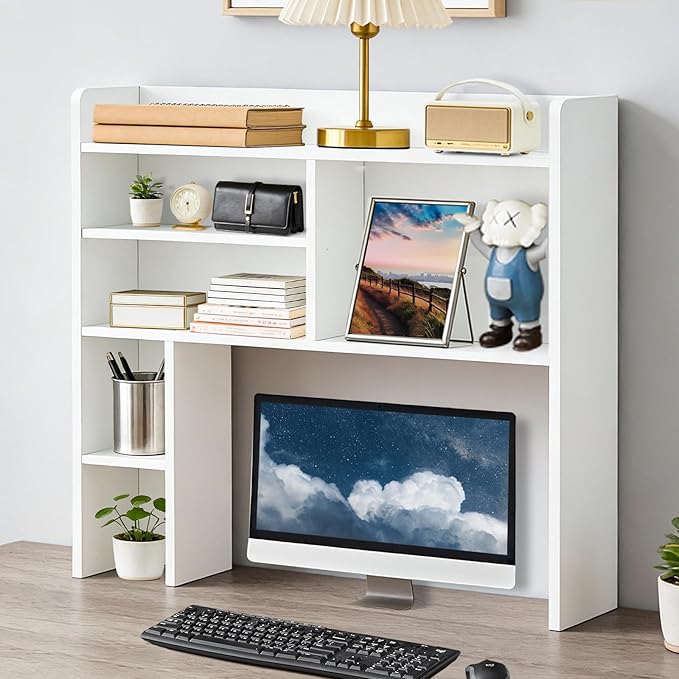 OFCASA Desktop Bookshelf, Countertop Storage Hutch with 7 Shelves for Computer Desk, 35.4'' 3-Tier Display Rack, Multipurpose Wooden Desk Hutch Storage Organizer for Home Office Dorm, White