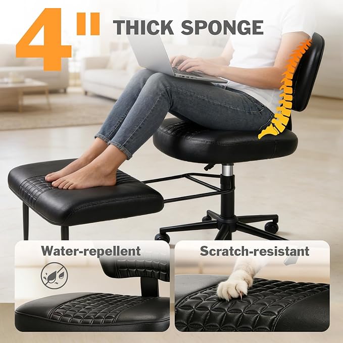 Ergonomic Cross Legged Office Chair with Footrest, 360° Swivel Height Adjustable PU Criss Cross Chair, Wide Seat & Back Support for Home Office, ADHD, Black