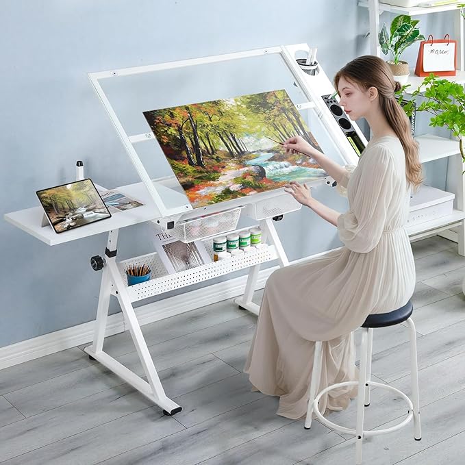 Glass Drafting Table and Stool Sets, Adjustable Height Drawing Table Art Craft Artist Desk Tilting Glass Tabletop with 2 Storage Drawers for Home Office (White-Type 2)