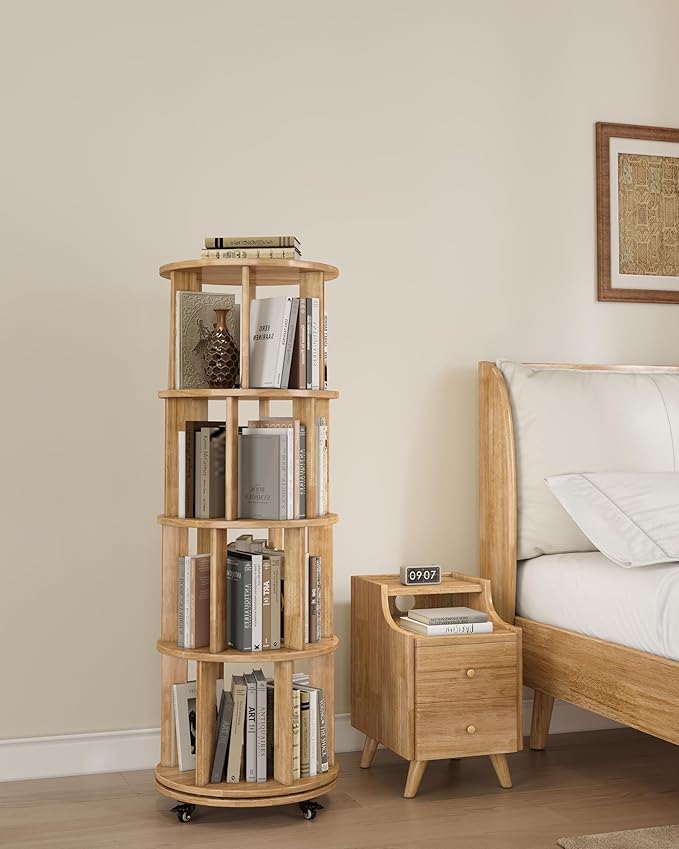 IUNVR Rotating Bookshelf, 4 Tier Solid Wood Bookshelf Tower with Lockable Wheels, 360° Spinning Revolving Bookcase for Small Spaces, Corners, Bedroom, Kids Room, Home Office, Natural