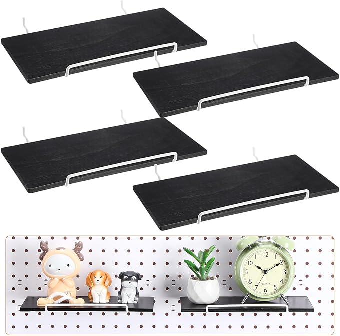 Wonderjune 4 Pcs Wooden Pegboard Shelves with Metal Pegboard Shelf Brackets Peg Board Display Storage Tray Wall Organizer Peg Board Accessories for Craft Room Home Kitchen(Black,9.84 x 5 Inch)