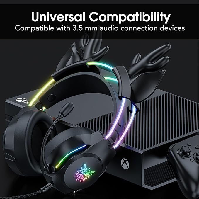 Gaming Headset with Microphone, Deer Ears Headphones for PC Laptop PS4 PS5 Xbox Switch, Rainbow RGB Lighting & Virtual Surround Sound, 3.5mm Over Ear Headphones, Ergonomic