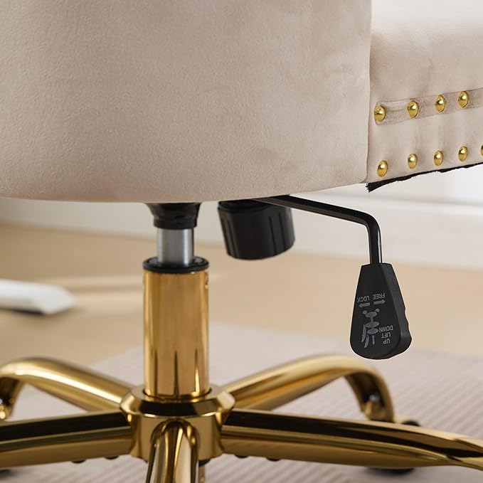 Goujxcy Desk Chair, Modern Velvet Upholstered Tufted Button Home Office Chair, 360° Swivel Armless Desk Chairs, 120°Rocking Ergonomic Computer Task Vanity Chairs, Beige & Gold