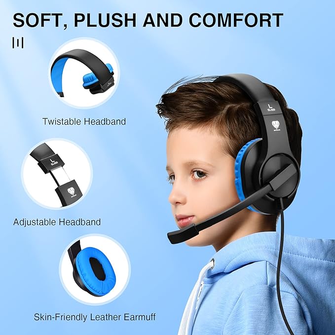 BlueFire Kids Headphones for Online School, Children, Teens, Boys, Girls, 3.5mm Stereo Over-Ear Gaming Headphone with Microphone and Volume Control for PS4, PS5, New Xbox One（Blue）