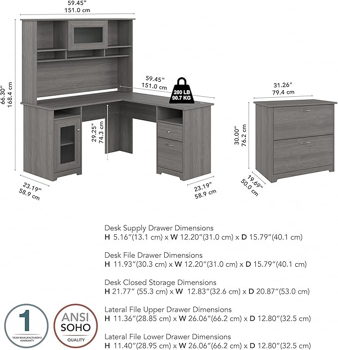 Bush Furniture Cabot 60W L Shaped Computer Desk with Hutch and Lateral File Cabinet in Modern Gray
