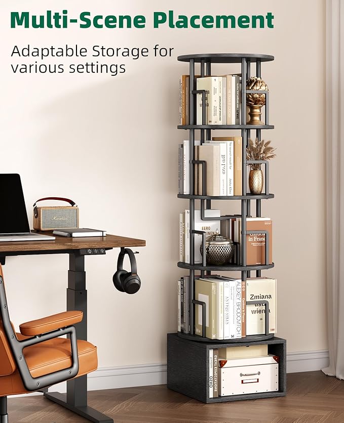 Kalrin 5 Tier Rotating Bookshelf with Extra Storage Cabinet, 360°Spinning Corner Bookshelf, Floor Standing Bookcase for Kids & Adult, Narrow Book Shelf for Bedroom Living Room, Pure Black