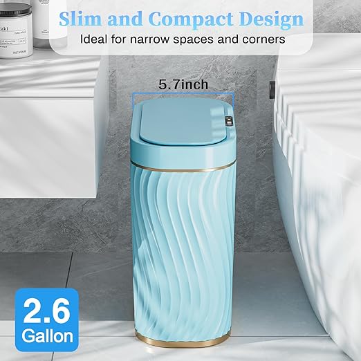 steo spce Bathroom Small Trash Can with Automatic Touchless Lid, 2.6 Gallon Smart Garbage Can Narrow Waterproof Trash Bin for Bedroom, Office, Living Room (Gold Blue)