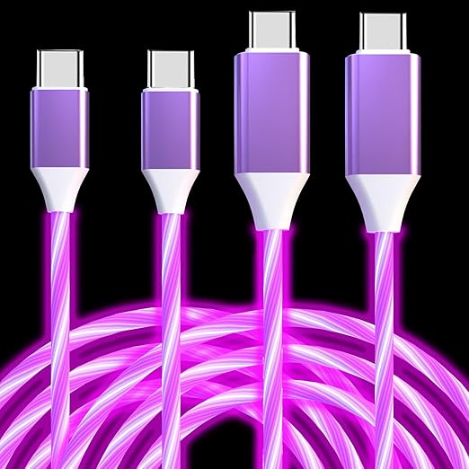 2 Packs USB C to USB C Cable 3A Light Up C to C Cable LED C to Type C Fast Charging Cord for Samsung Galaxy S23 S22 S21 S20 Ultra, i-Phone 15 Pro Max Plus, iPad mini Pro Air(3.3FT,Purple&Purple)