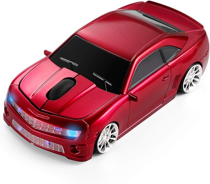 Wireless Car Mouse [Updated] with LED Headlights, 1600 DPI Sports Car Shaped Mouse for Mac, Computers, Red