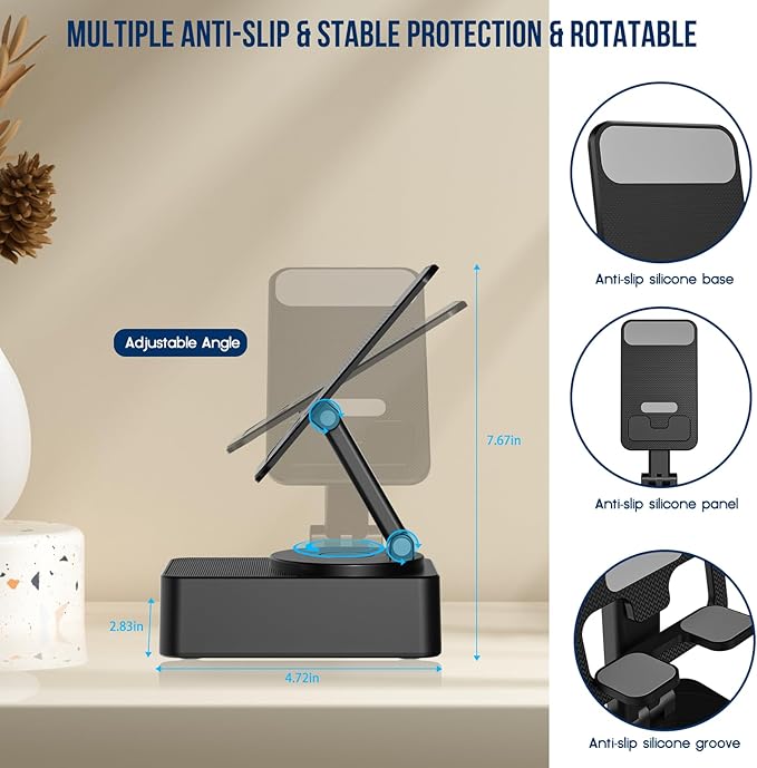 Cell Phone Stand with Wireless Bluetooth Speaker, LED, Anti-Slip Base HD Surround Sound,Perfect for Home/Outdoor with Bluetooth Speaker for Desk Compatible with iPhone/ipad/Android,Gifts for Men Women