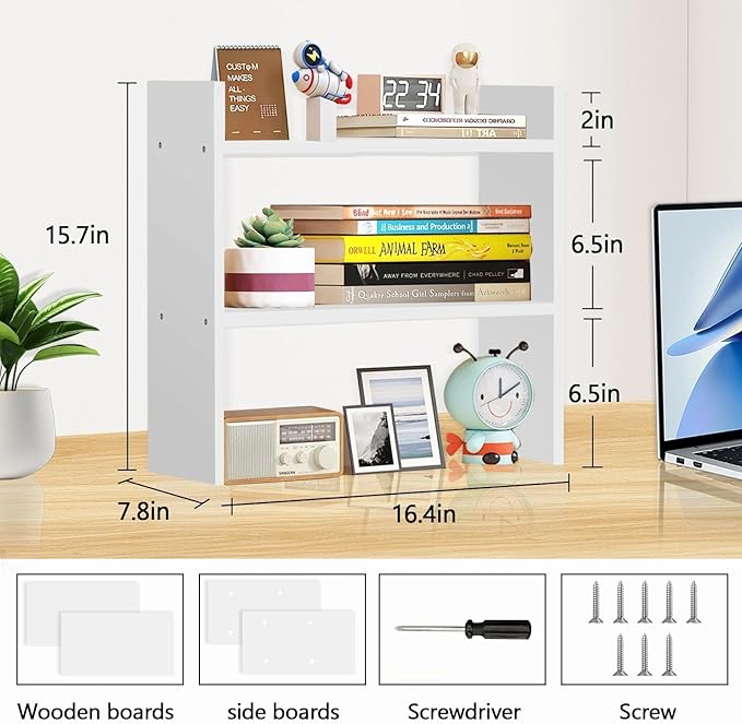 Wood Desk Organizer - Small Desk Shelf, 2 Tier Desktop Bookshelf for Workspace Organizers Dorm, White Desktop Shelf Organizer