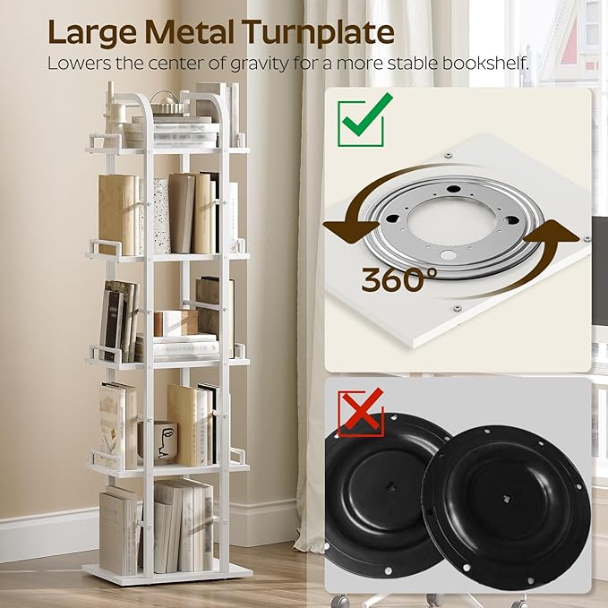 YATINEY 5 Tier Rotating Bookshelf, Freestanding Corner Bookshelf, 360 Spinning Bookcase Tower, Tall Industrial Style Organizer, Storage Shelf Bookcase for Living Room, Study, White SJ02WW