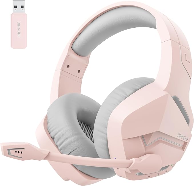 BINNUNE Wireless Gaming Headset for PS5 PC, 120H Ultra-Long Battery, 2.4GHz & Bluetooth 5.3 Wireless Gaming Headphones, PS5 Hadset Wireless with Mic, 50mm Drivers, Comfort Over Ear Headphones,Pink