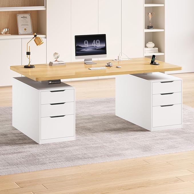 SEDETA Electric Standing Desk with 6 Drawers, 55" Adjustable Stand up Desk with Storage, Computer Desks with Power Outlets for Home Office, White + Oak