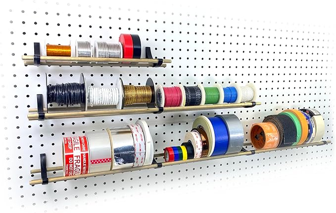 PEGGY Pegboard Accessory Hook and Dowel Organizer Storage for Tape, Steel Wire Spools, Ribbon, Crafts, Hobby, 12” kit (1PK Black)