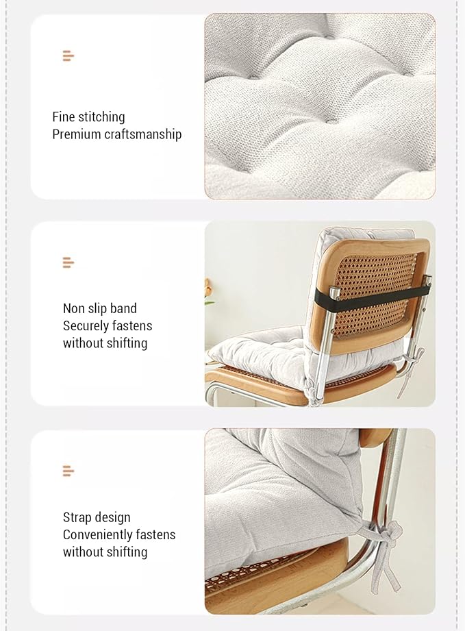 Seat Cushion with Back Support, 31.5 Inch Chenille and PP Cotton Integrated Chair Pad with Fixed Strap for Office Desk and Dining Chairs (White)