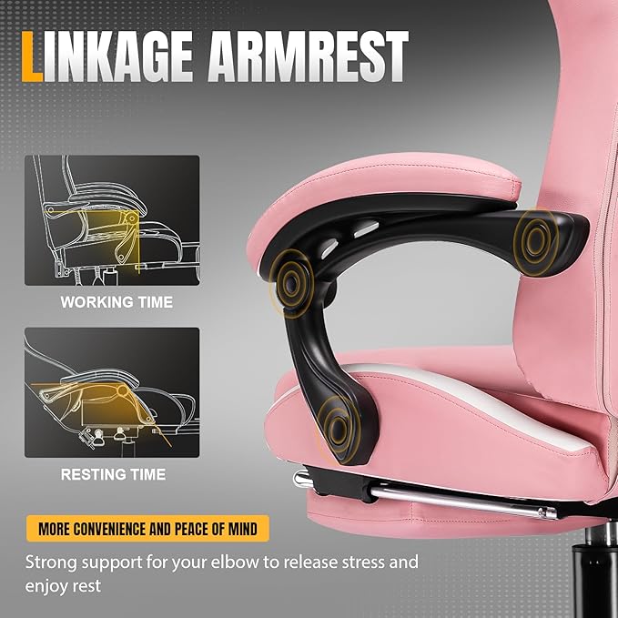 GTPLAYER Gaming Chair with Foot Rest & Pocket Spring Cushion, Ergonomic High Back Computer Chair with Headrest & 360°-Swivel Seat for Home Office Desk, PU Leather, Pink
