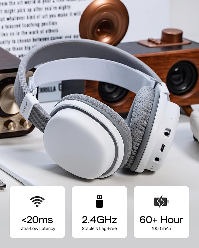 MechLands Aula G7 Wireless Gaming Headset for PS4/PS5/PC/Switch, Over-Ear Headphones with Detachable Noise Canceling Mic, RGB, Surround Sound, 60H Battery, 2.4GHz/BT/Wired (White)