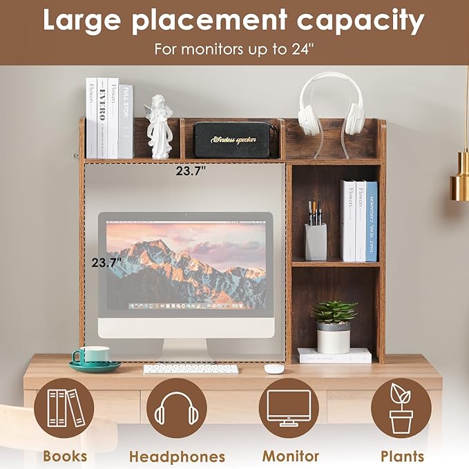 Nromant Desktop Bookshelf, Wooden Desk Storage Hutch with 5 Shelves, 3-Tier Desktop Display Organizer Rack for Office Home (Brown, 5 Shelves A)