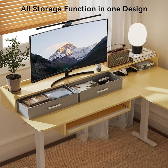 WALKINGDESK 63 Inches Height Adjustable L Shaped Standing Desk with 2 Drawers and Keyboard Tray, Electric Sit to Stand Home Office Comupter Table, Ergonomic Corner Gaming Desk, Oak