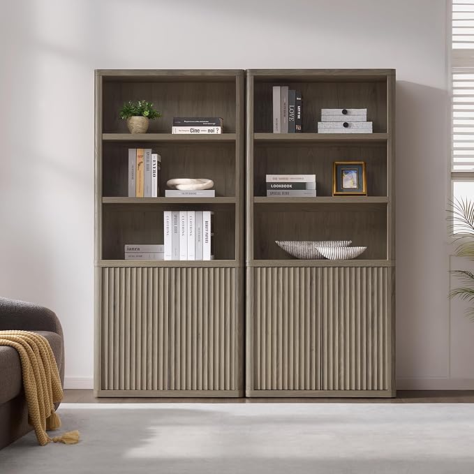 SICOTAS Book Shelf with Doors 71" Tall 6 Tier Bookshelf with Adjustable Shelves Fluted Booshelves & Bookcases Modern Book Case with Large Storage Display Cabinet for Living Room Home Office Bedroom
