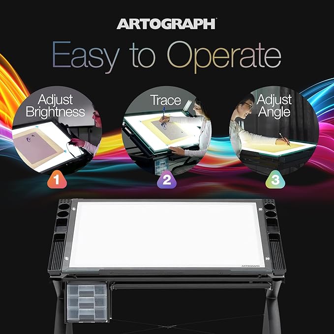Artograph Futura Light Tracing Table for Artists with Storage and Adjustable, Dimmable Glass Work Top