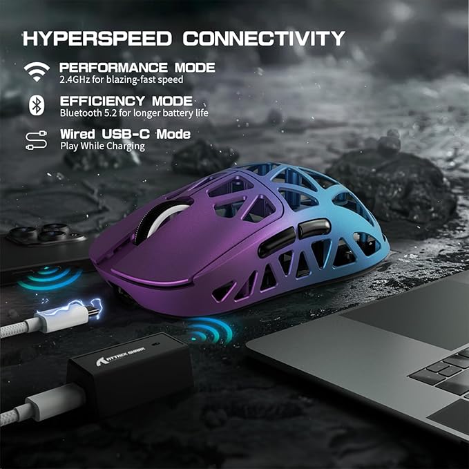 ZIYOU LANG x Attack Shark R2 Wireless Gaming Mouse, Lightweight Magnesium Alloy, PAW3950 42000 DPI Optical Sensor, 8KHz Polling Rate, BT/2.4G/Wired Programmable Mice with Grips Sticker (Purple Blue)