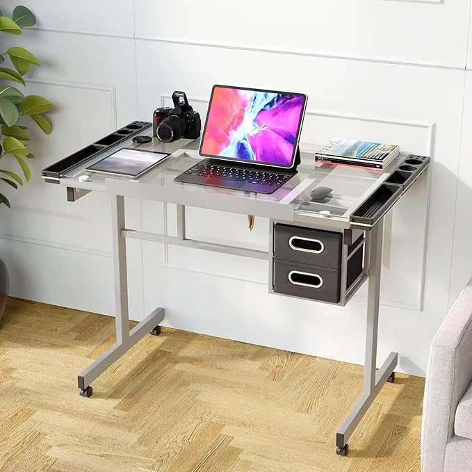 OS MOTOR Adjustable Drafting Table with Glass Top, Art Craft Desk with Slide-Out Drawers, Rolling Wheels, Storage, for Drawing, Writing, Painting, and Creative Tasks, Ideal for Home Office