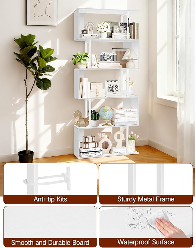 6 Tier S-Shaped Geometric Bookcase with LED Light, Touch & Remote Control, Wide Tall Freestanding Display Shelf, Industrial Storage Cabinet for Living Room, Bedroom, Office(White)