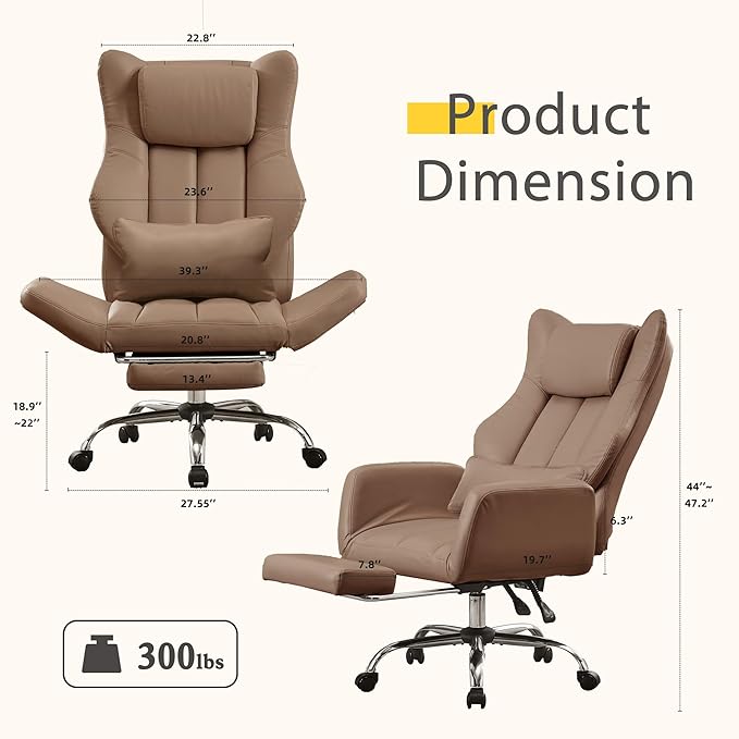 Ergonomic Cross Legged Office Chair with Footrest,Leather Big and Tall Executive Chair with Wheels,Reversible Armrest and Lumbar Pillow,155° Reclining Computer Wide Desk Chair for Home,Office (Brown)