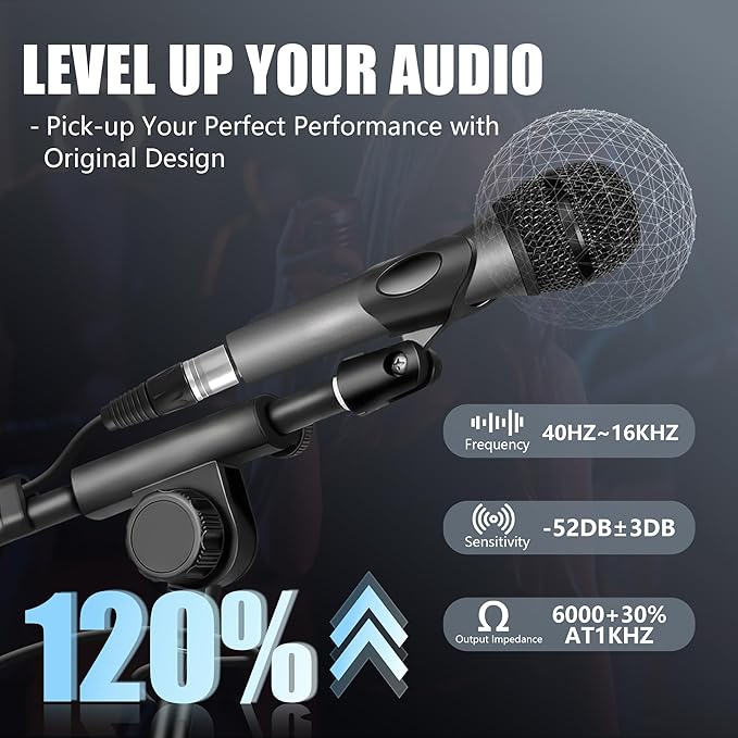 Professional Vocal Microphone for Singing, Dynamic Karaoke Handheld Wired Microphone with 16ft XLR to 1/4" Audio Cable, Studio Mic for Speaker, Amplifier, Mixer and Karaoke Machine