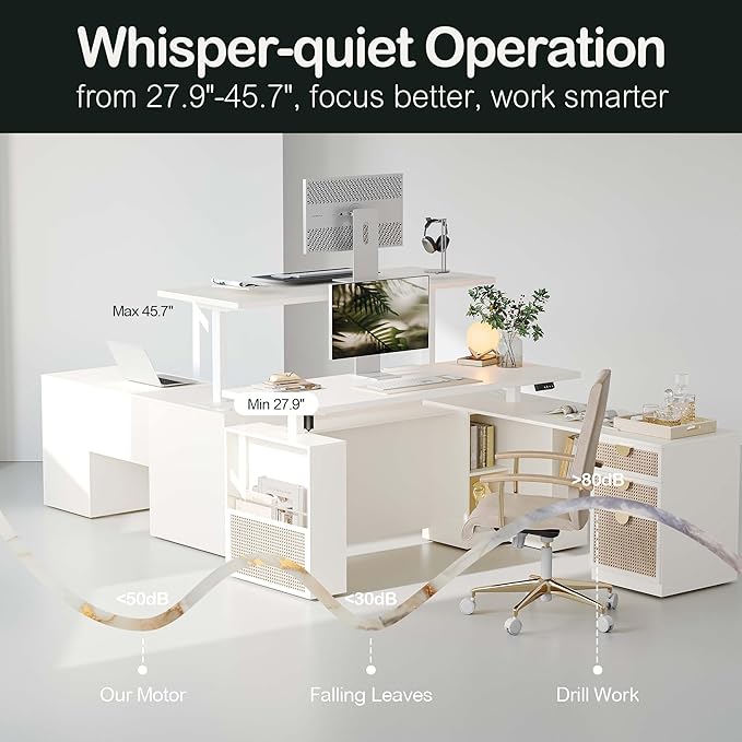 ModernMate Home Office Furniture Sets, 63" L Shaped Standing Desk with Drawers, Height Adjustable Electric Executive Office Desk with 73" Bookshelf and Power Outlet, White Rattan